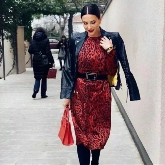 Zara MIDI Dress in black and red animal print